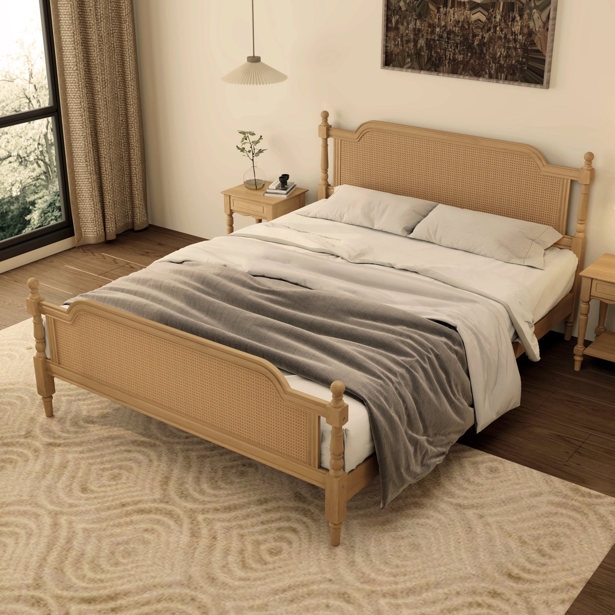 Traditional Queen Size Rattan Bed Frame in Antique Walnut