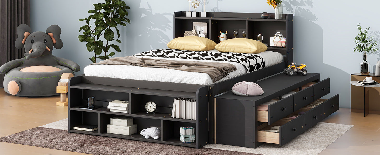 Full Bed with Bookcase Headboard, Under-Bed Storage Drawers & Bed-End Storage Case in Espresso