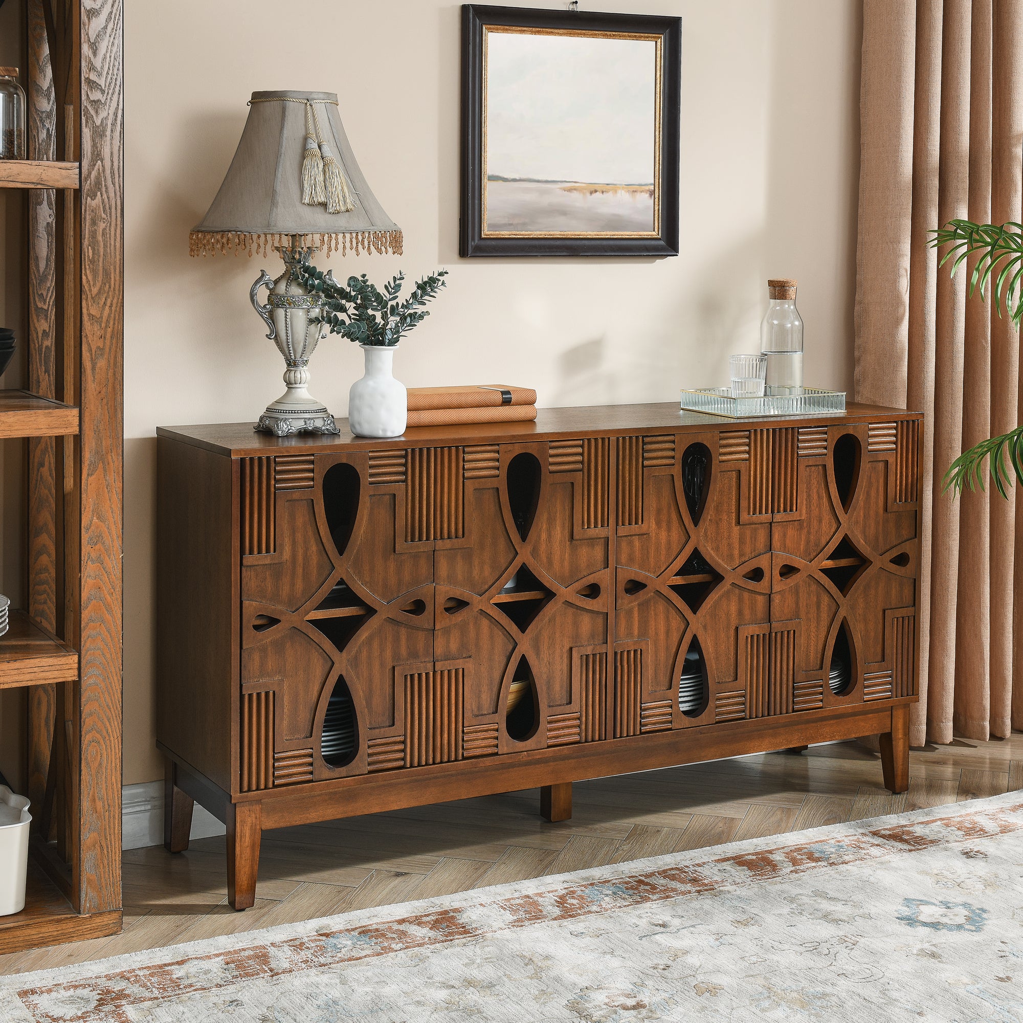 60.5 Mid Century Modern Sideboard Buffet Cabinet with Storage and Adjustable Shelves In Walnut