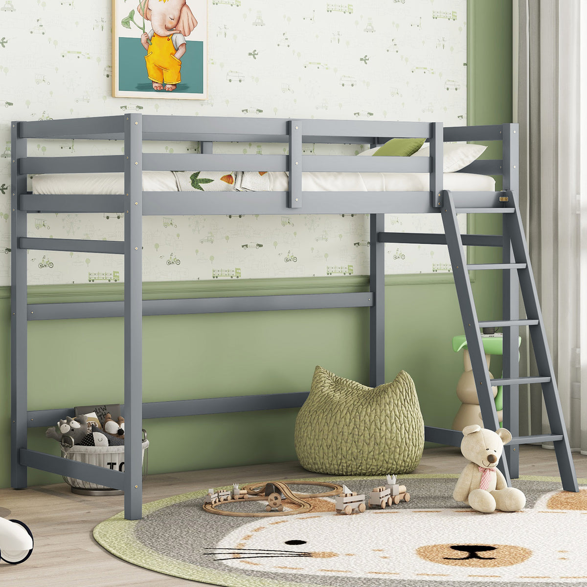 Gray Twin Size High Loft Bed with Inclined Ladder and Guardrails