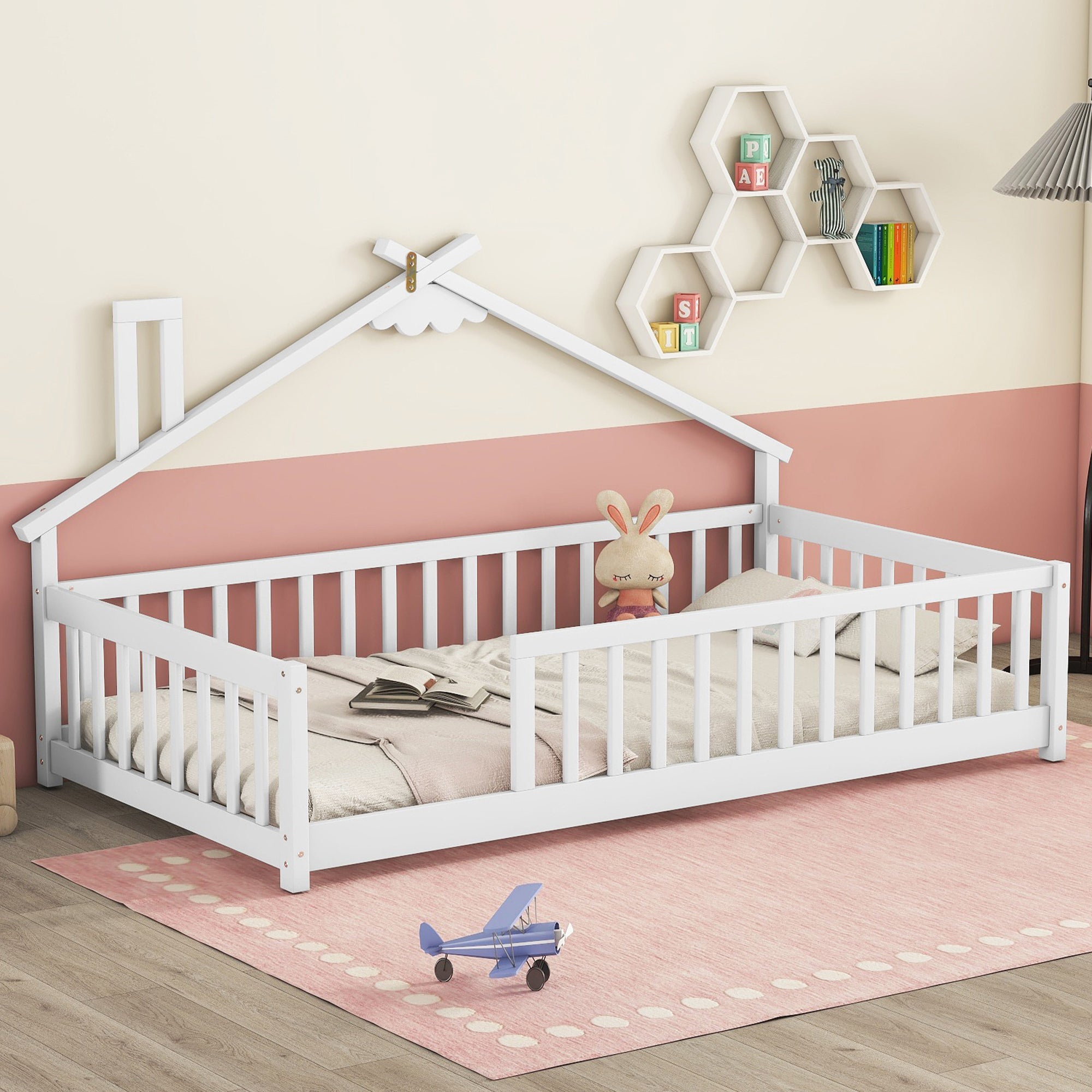 Twin House-Shaped Toddler Floor Bed with Guardrails and Slats