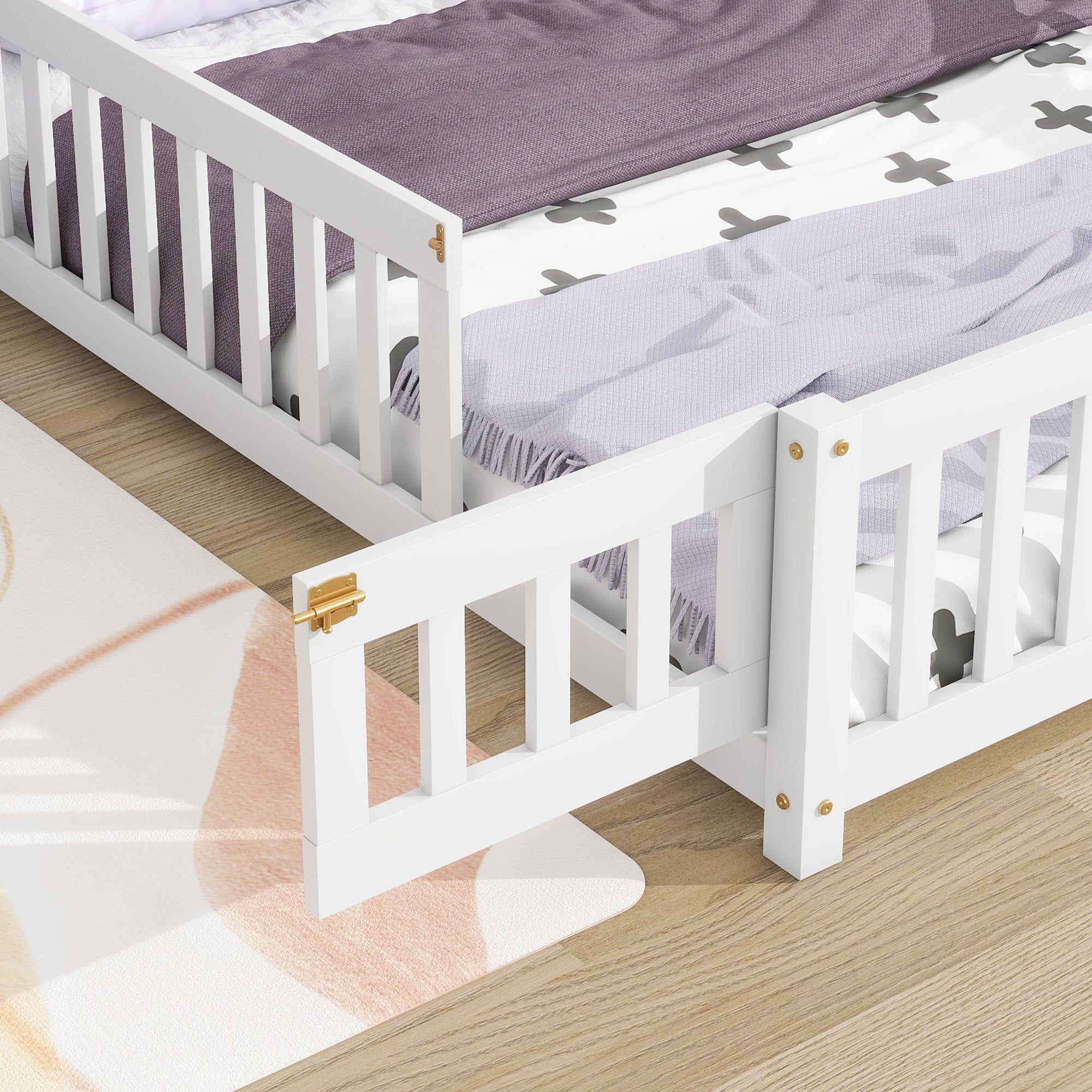 White Full House-Shaped Headboard Toddler Floor Bed with Fence