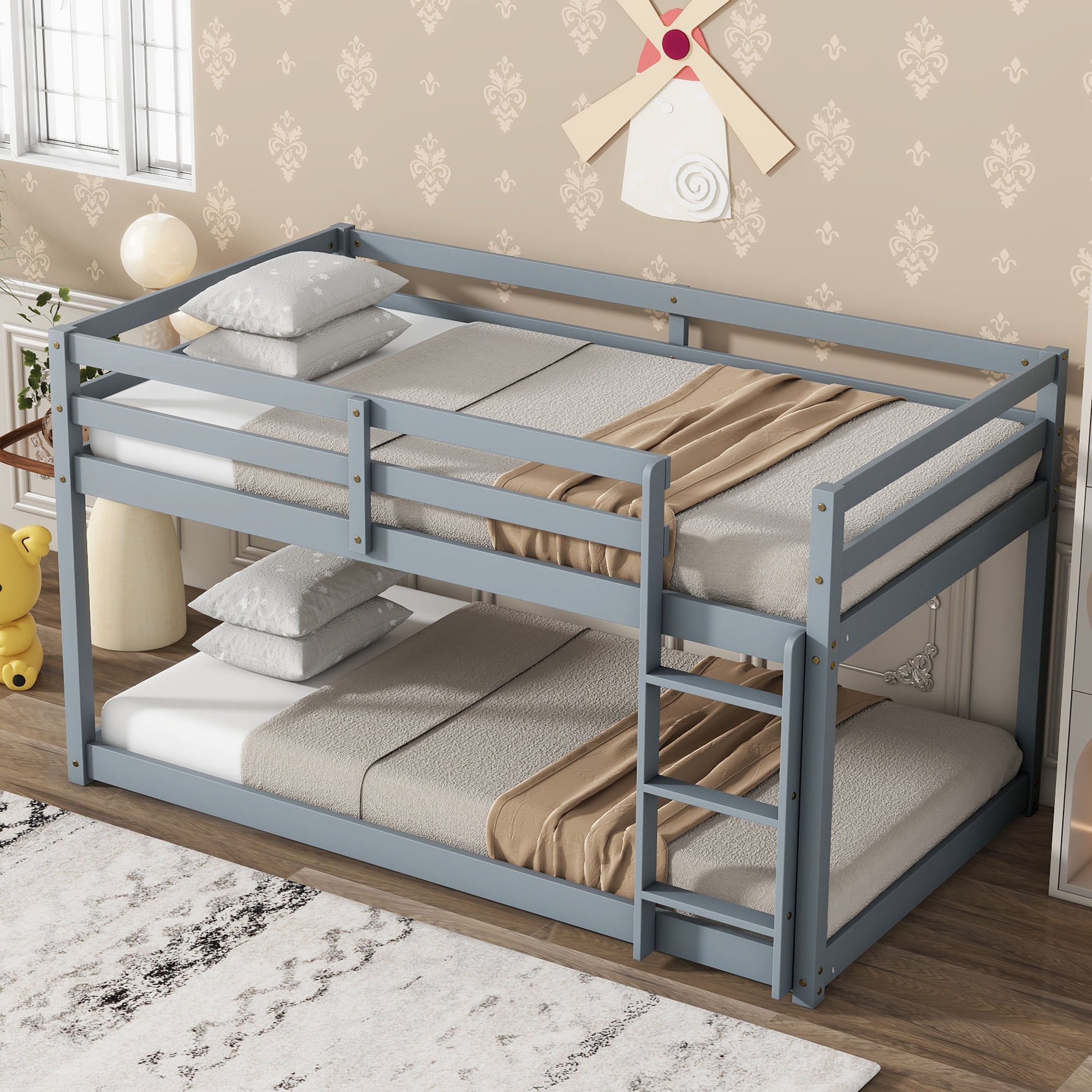 Gray Solid Rubber Wood Twin Over Twin Loft Bed with Ladder