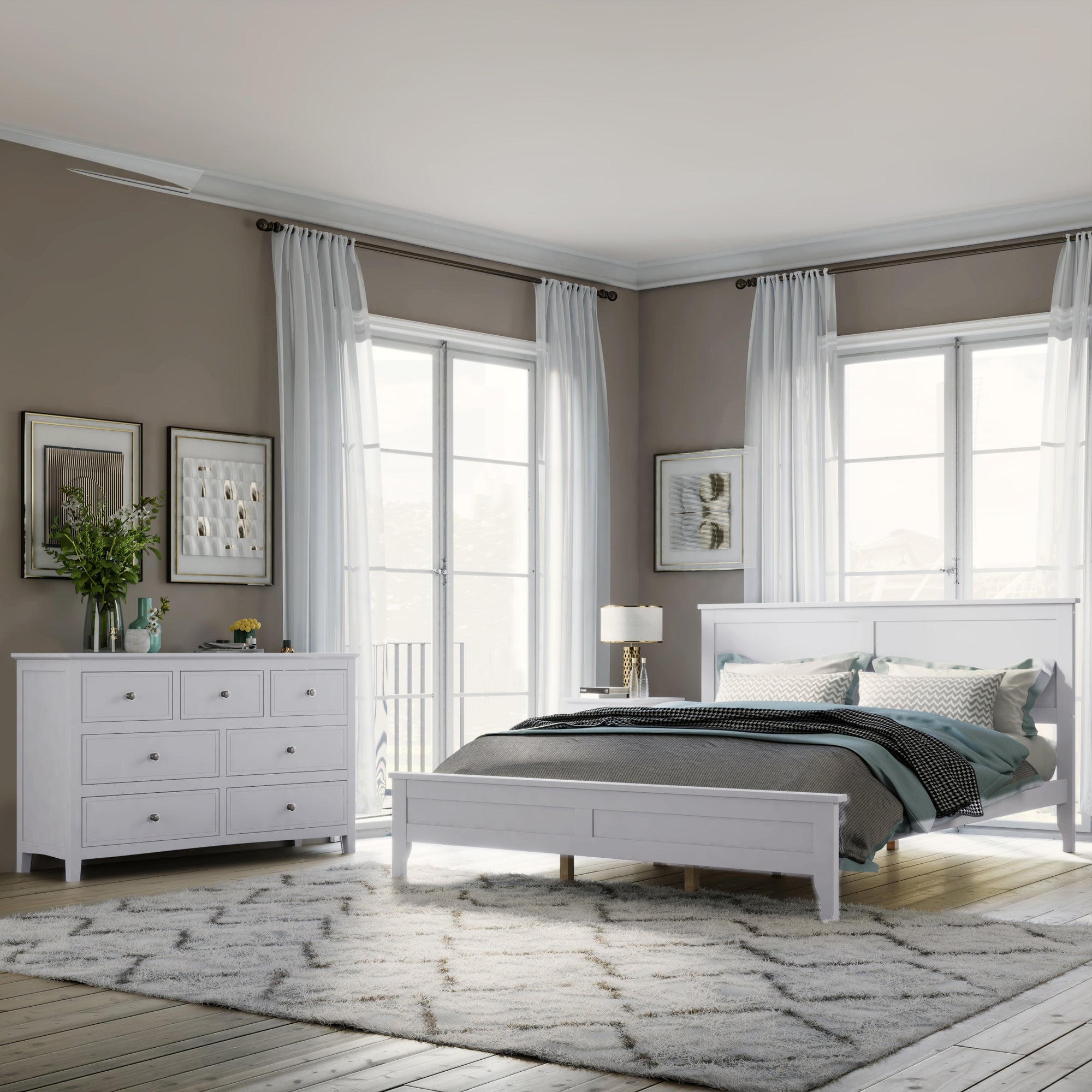 Elegant White Solid Wood 3 Pieces Queen Bedroom Sets In White