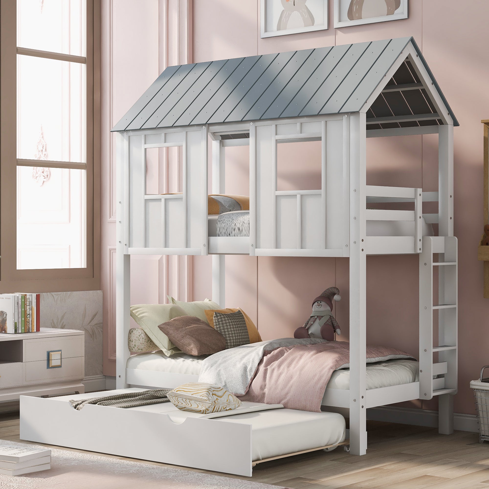 House Bunk Bed with Trundle and Roof Design In White