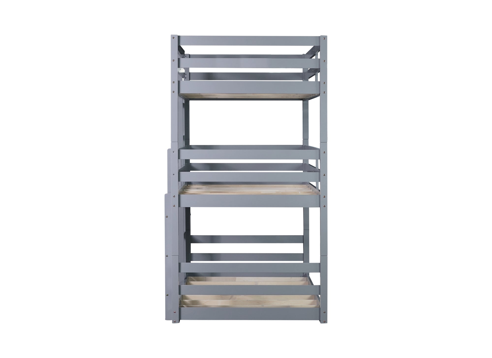 Gray Triple Rubber Wood Bunk Bed with Built-in Ladders and Guardrails