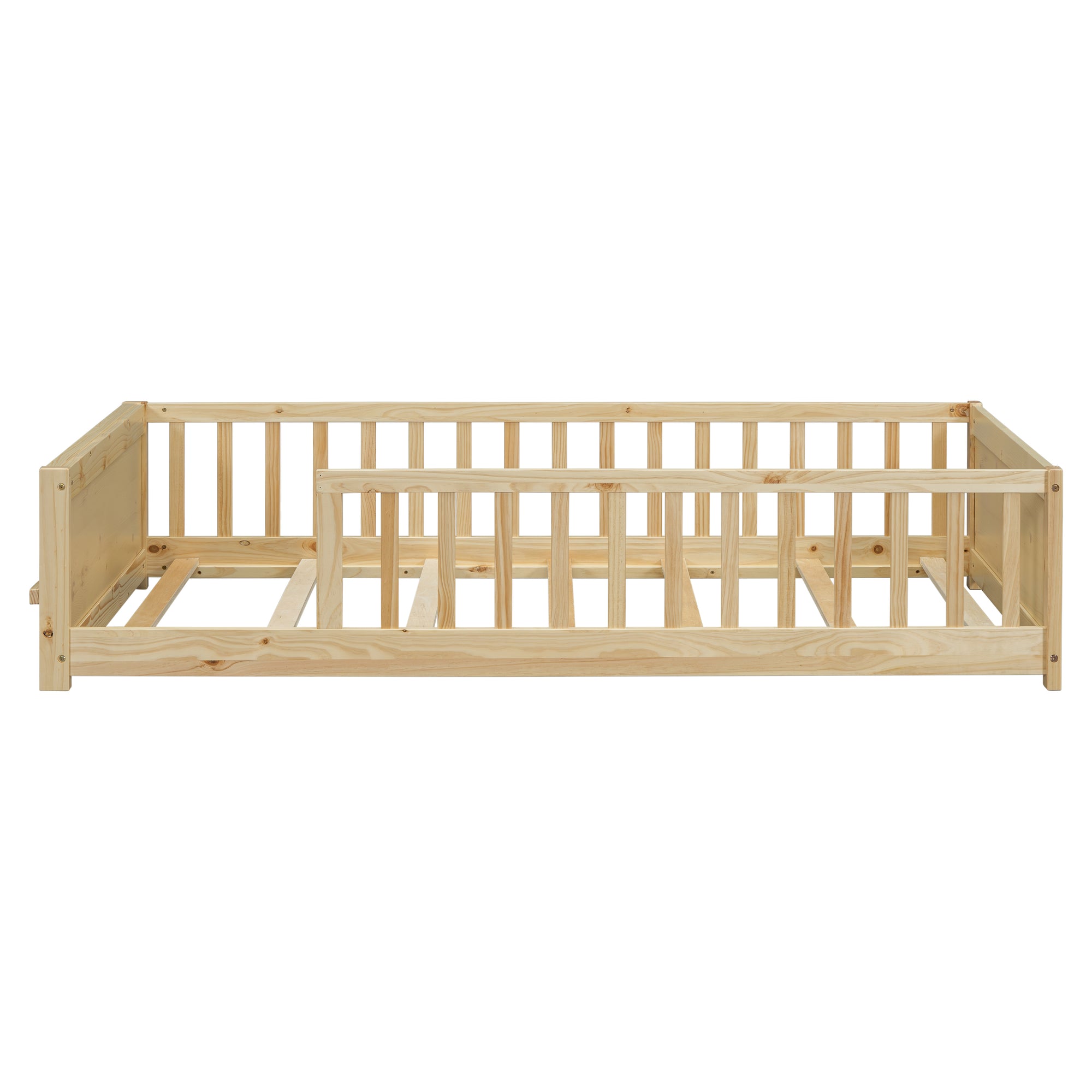 Natural Finish Twin Toddler Floor Bed with Built-in Book Storage Rack