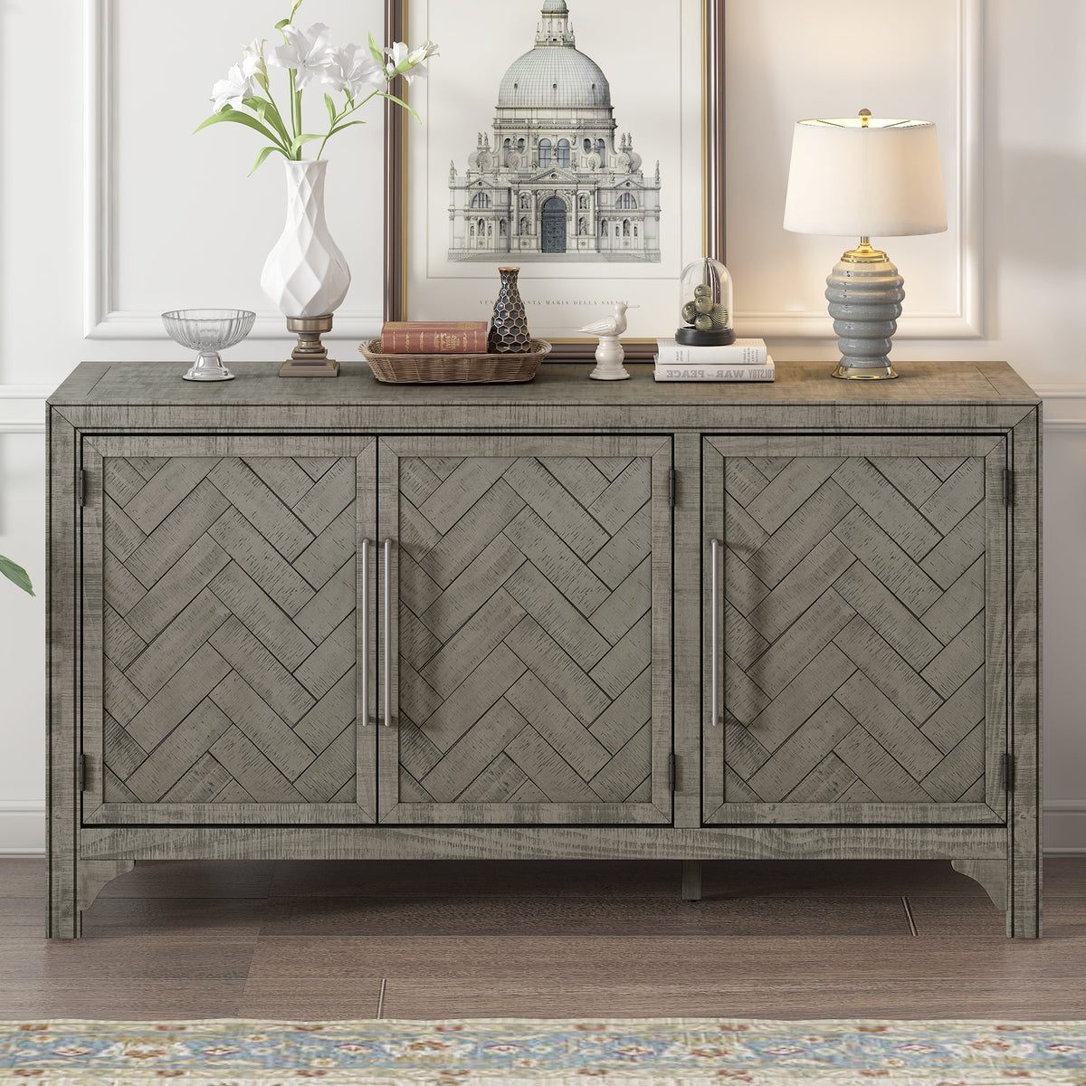 Designed Storage Cabinet Sideboard with MDF and Pine Veneer Adjustable Shelves Ideal for Living Rooms In Gray