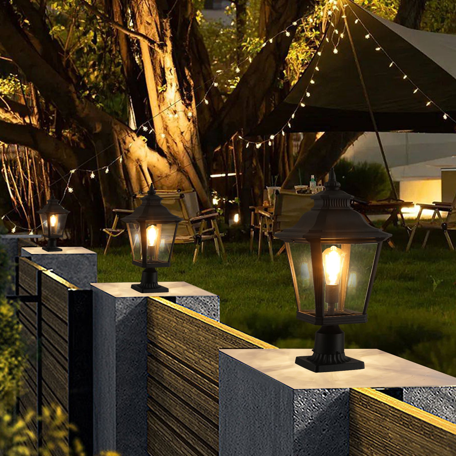 Pair of Traditional Matte Black Outdoor Post Lamp