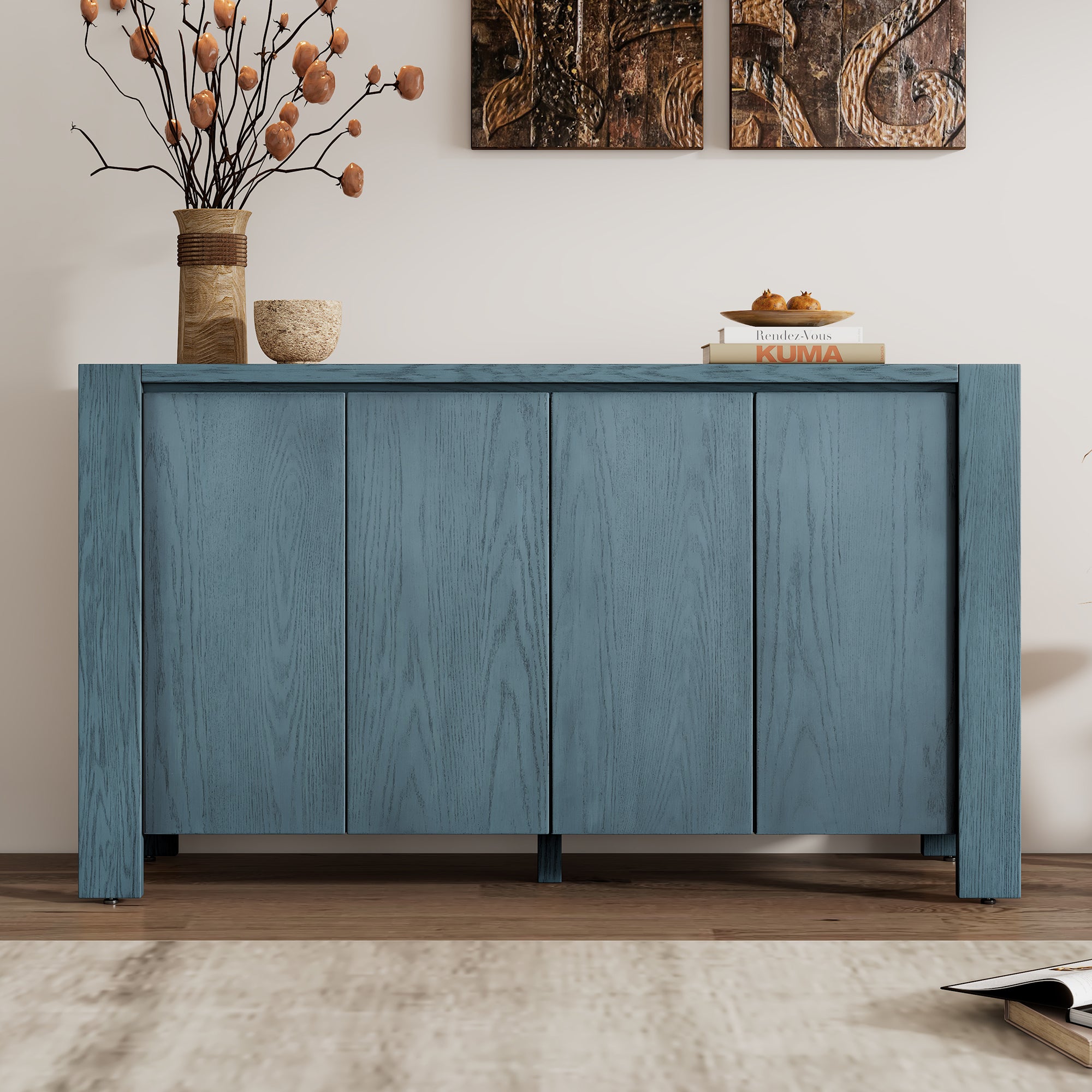 Retro Wood Sideboard Buffet Cabinet with 4 Doors and Adjustable Shelves In Navy