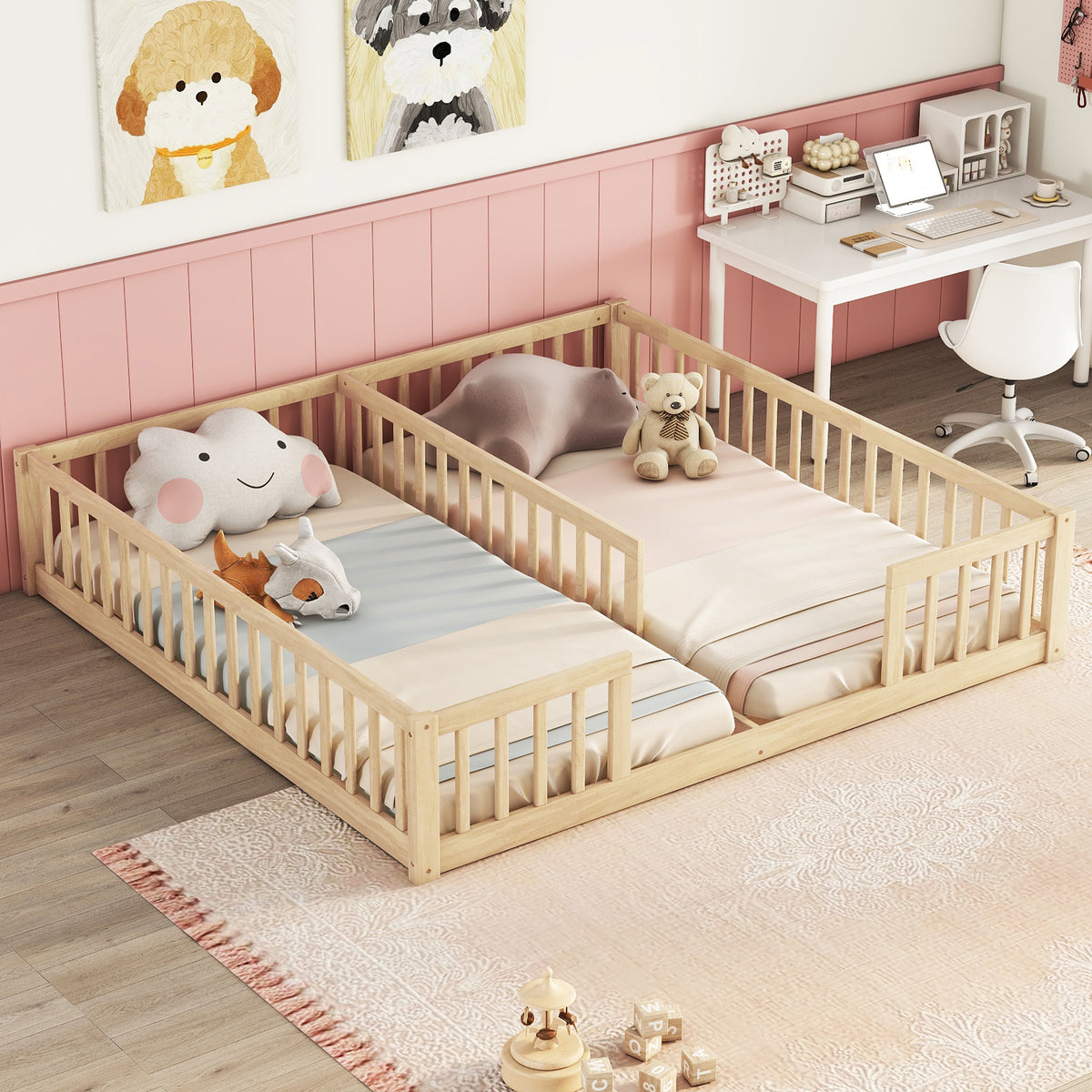 Double Twin Toddler Floor Bed with Fence and Guardrails in Natural Tones