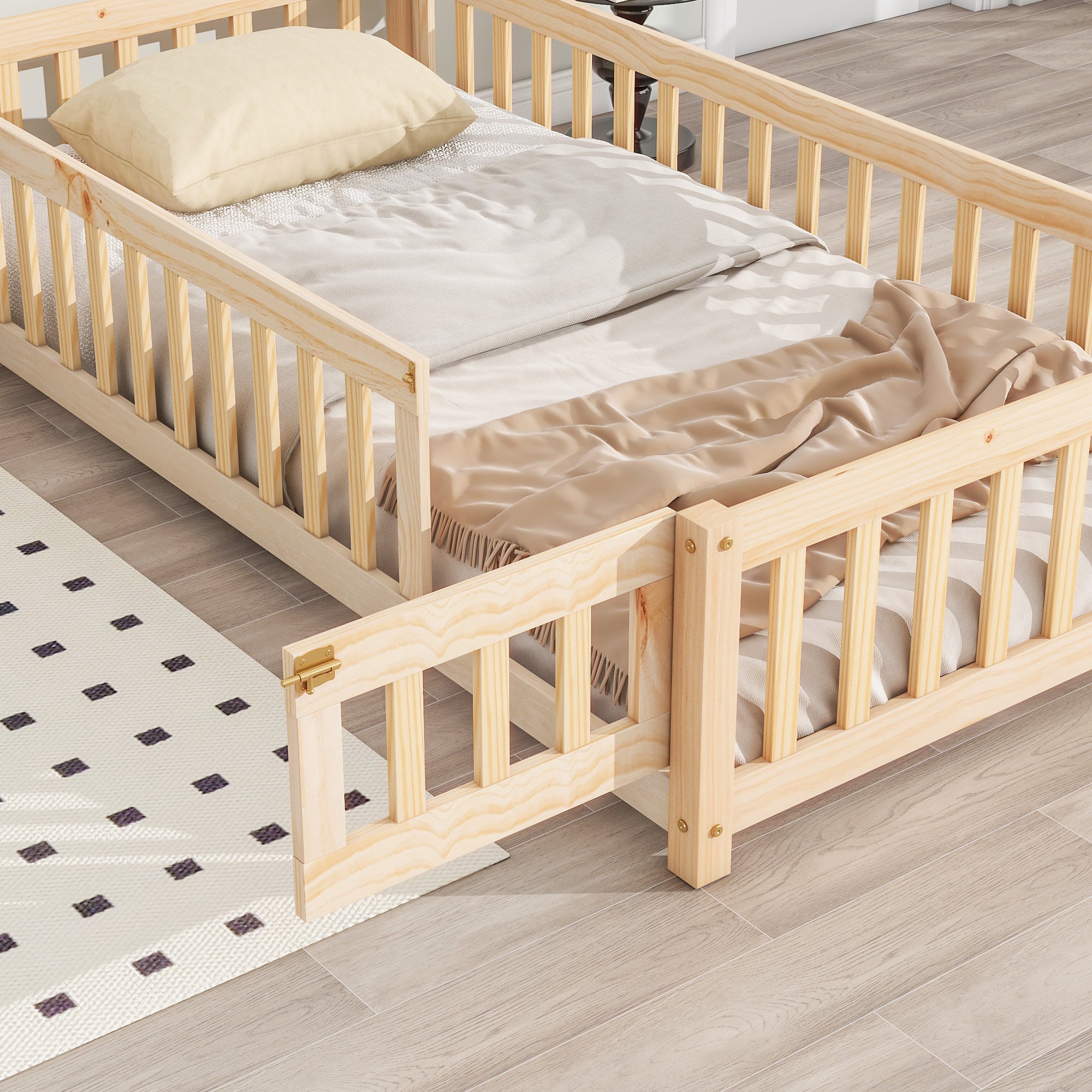 Natural Twin House-Shaped Headboard Toddler Floor Bed with Fence