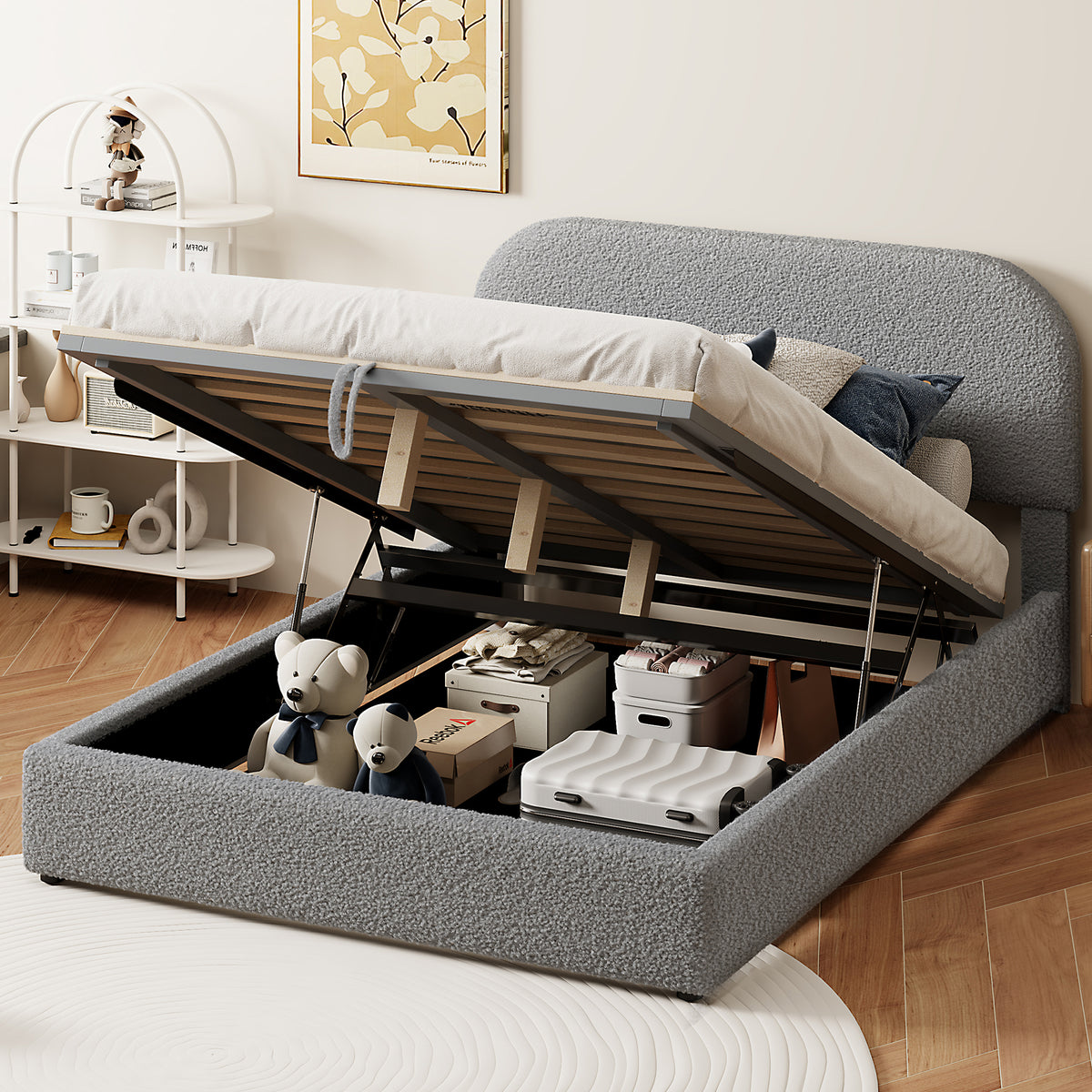 Full Size Teddy Fleece Upholstered Lift-Up Bed with Under Storage &amp; Curved Headboard in Gray