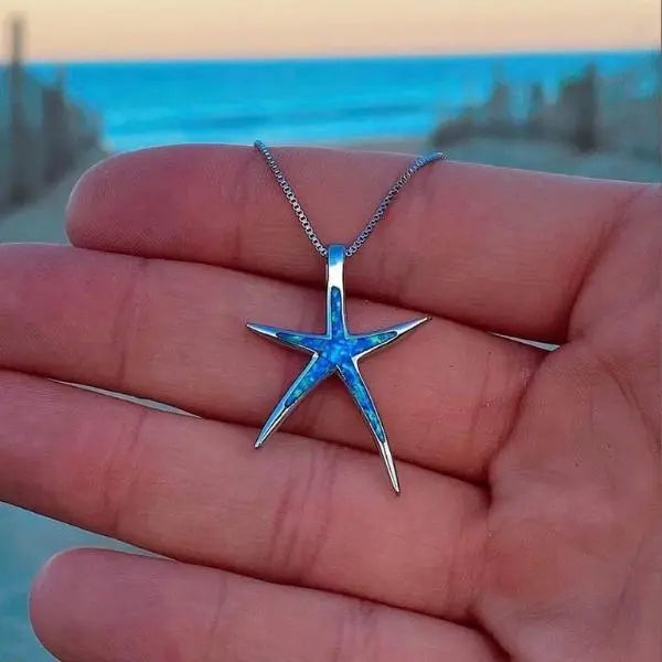 Romantic blue opal star pendant necklace in silver