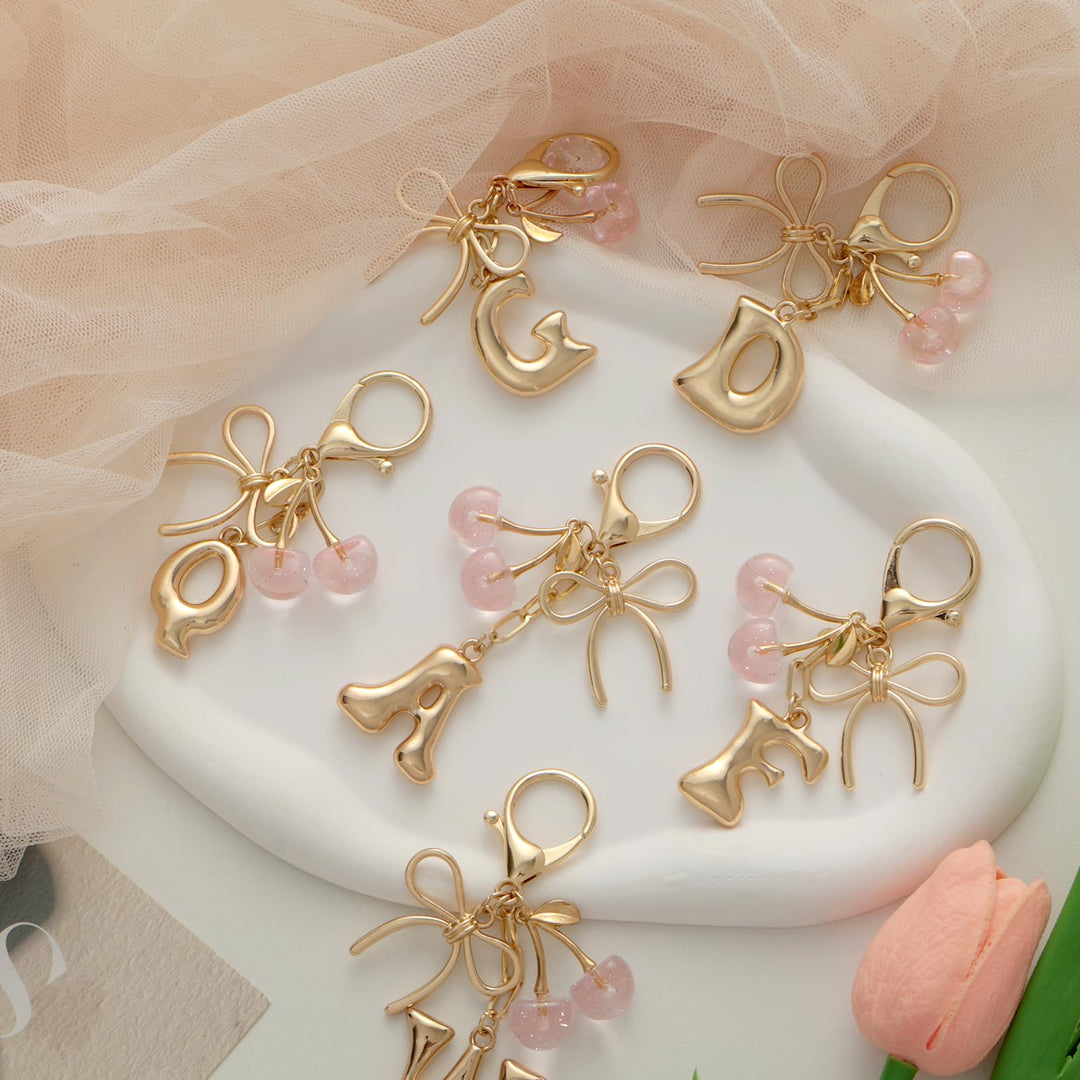 Bubble Initial With Bow & Cherry Charms Keychain