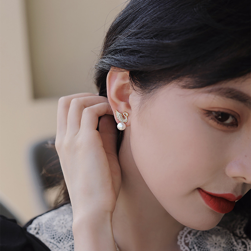 Swan Stud Earrings Pearl Swan Earrings