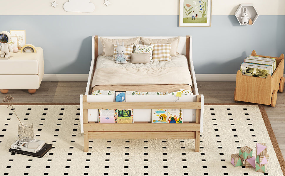 Twin Bed with Headboard, Footboard, Side Safeguards & Built-in Book Storage