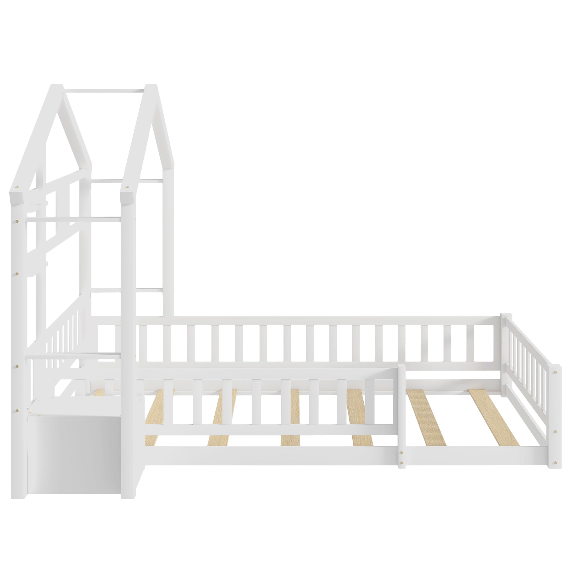 Twin Size House-Style Headboard Toddler Floor Bed with Guardrails and Stand