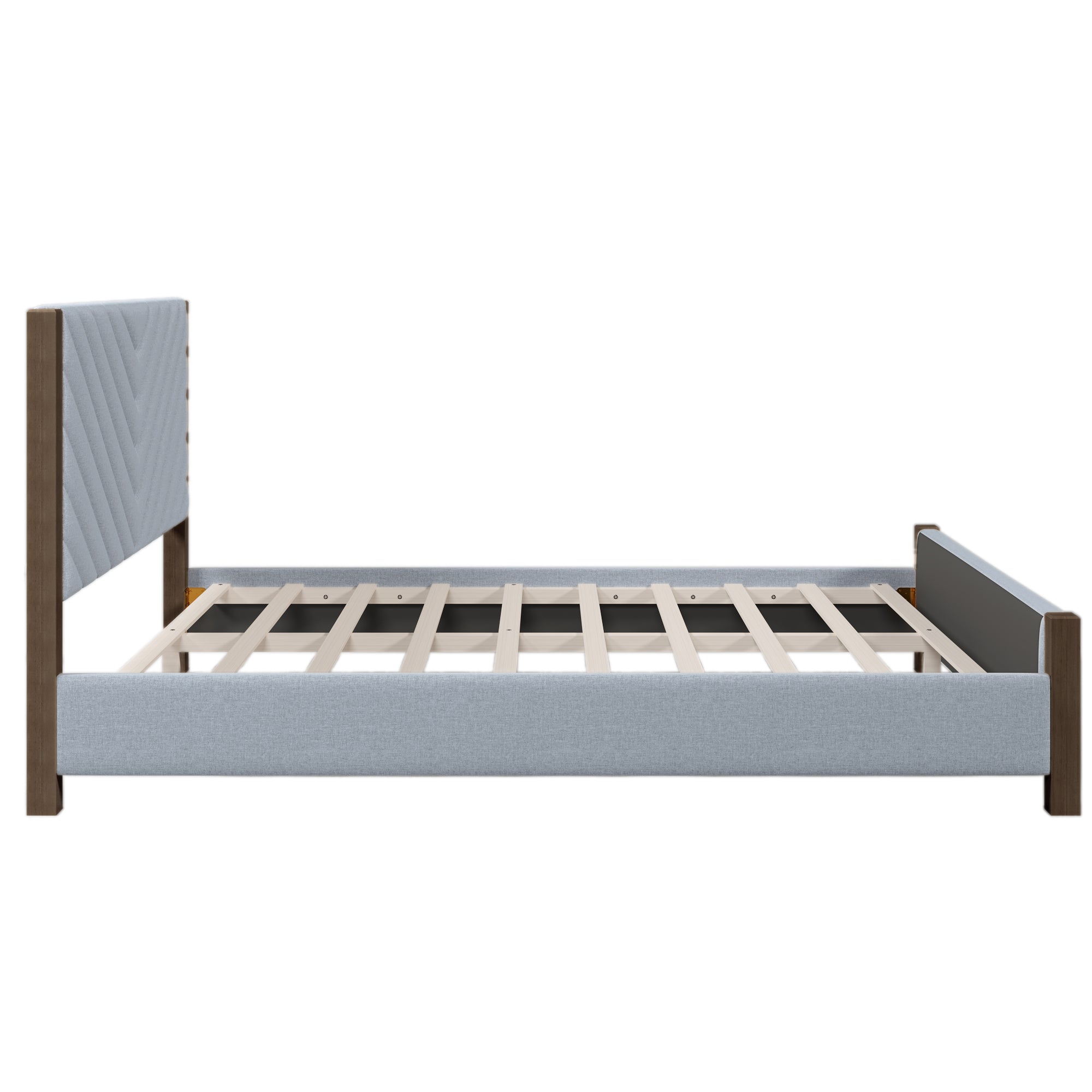 Modern Mid-Century Queen Upholstered Platform Bed with Chevron Headboard in Gray