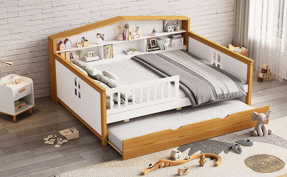 Full Size Safety Bed Frame with Trundle and Integrated Bookcase Headboard