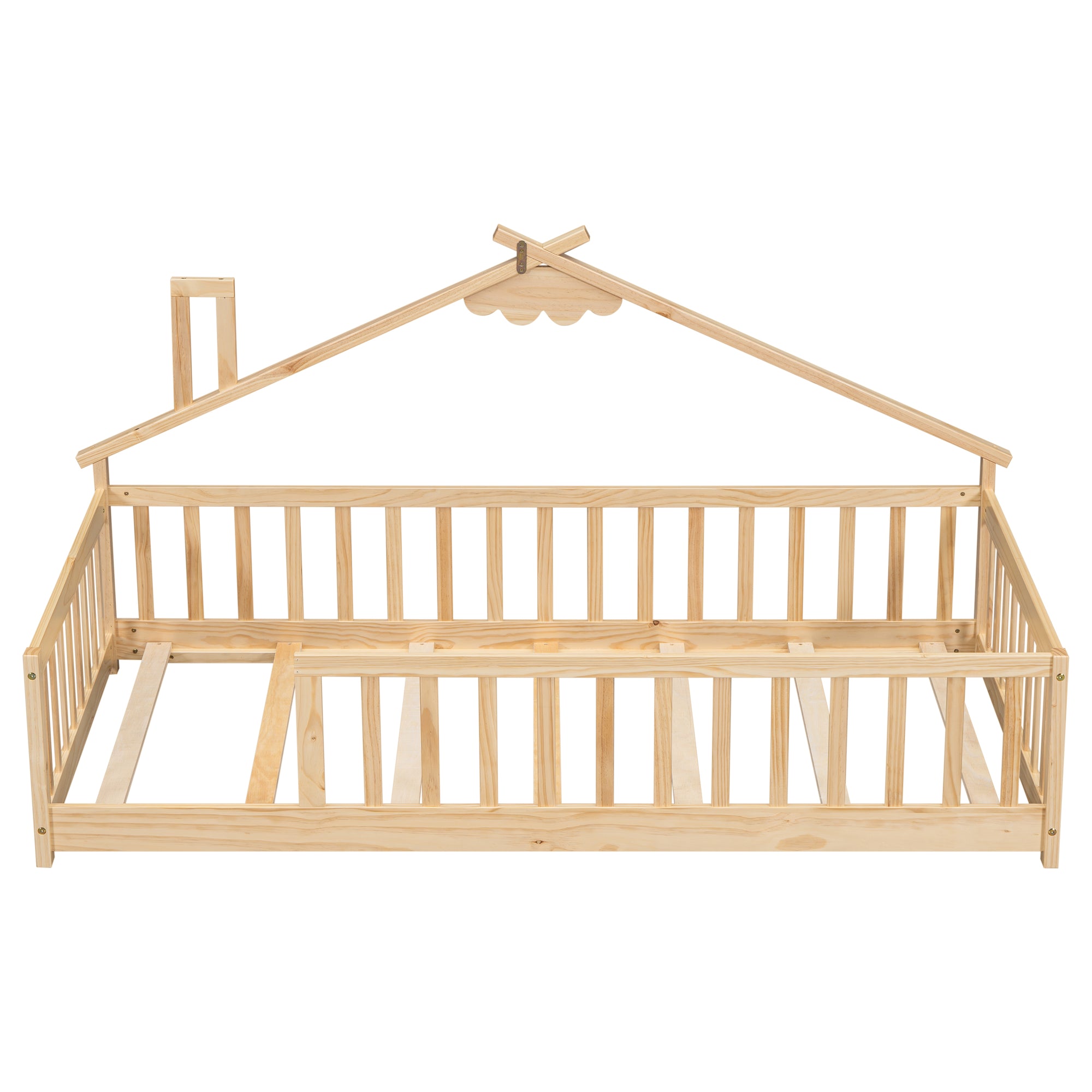 Twin House-Shaped Toddler Floor Bed with Guardrails and Fence in Natural Tones