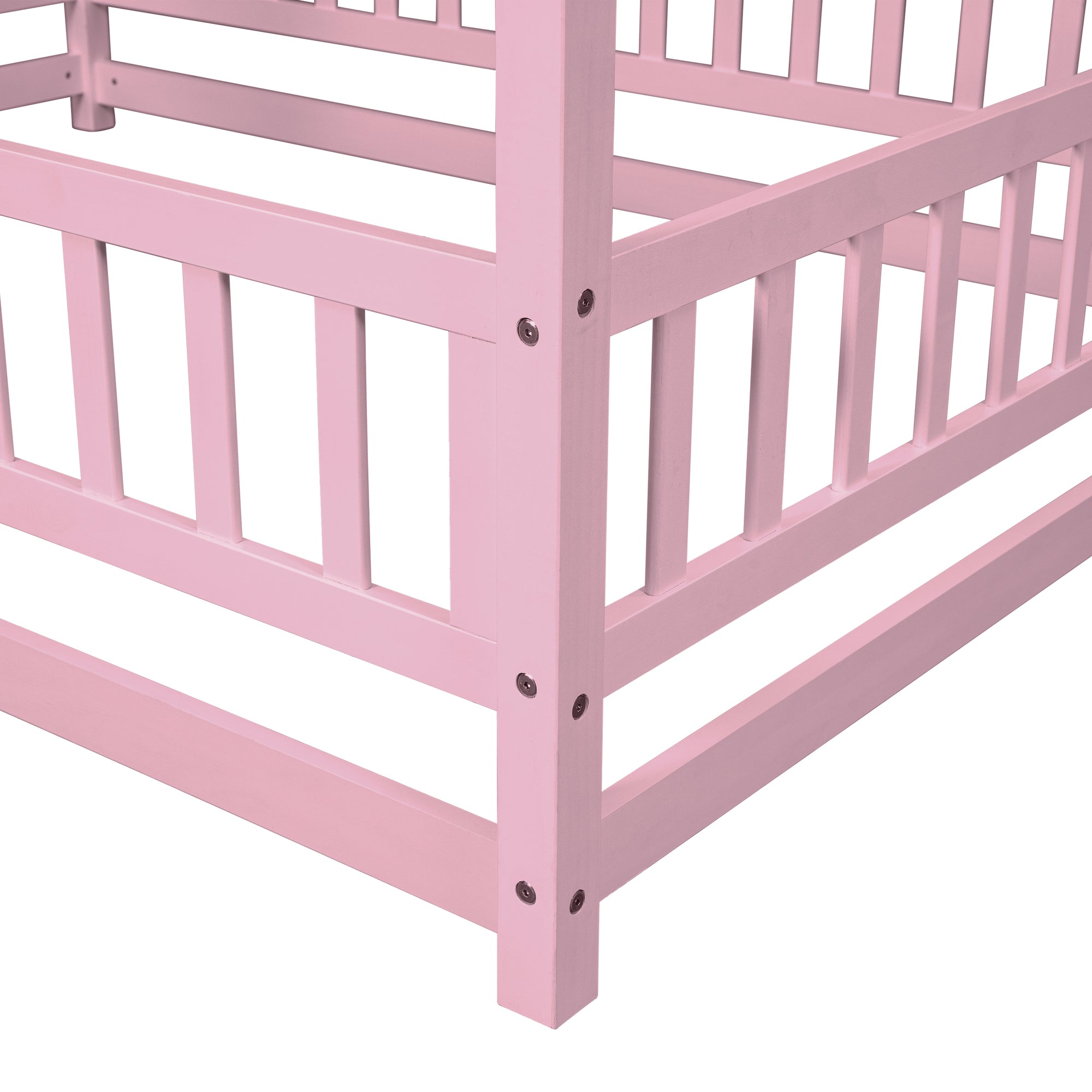 Pink Full-Size Toddler Floor Wooden Bed with House Roof Frame & Fence Guardrails