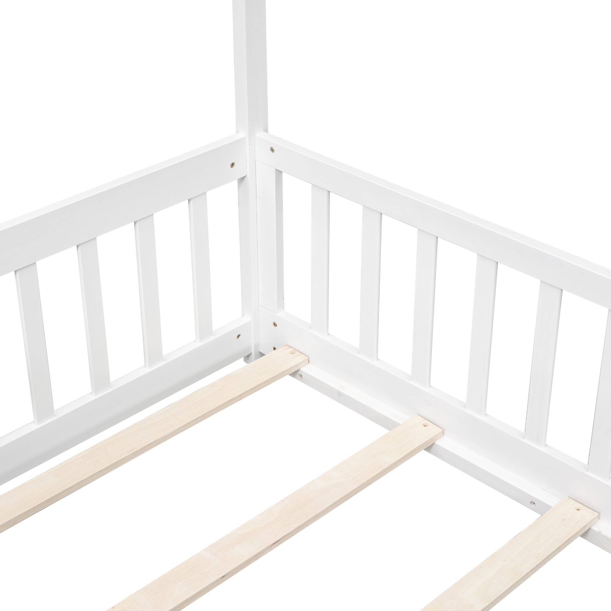 White Twin House Toddler Floor Bed with Guardrails and Slats