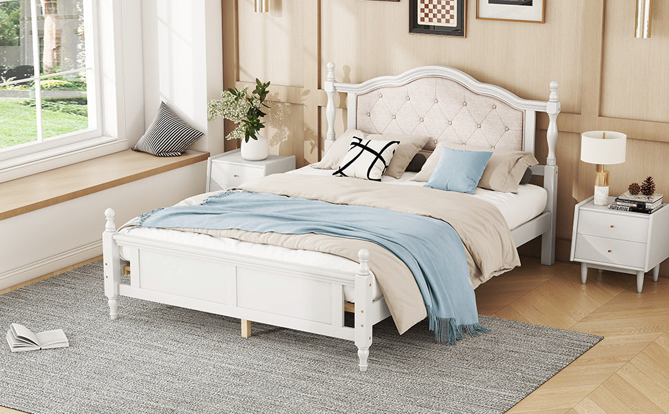 Queen Pine Wooden Bed with Upholstered Headboard and Panel Footboard In White