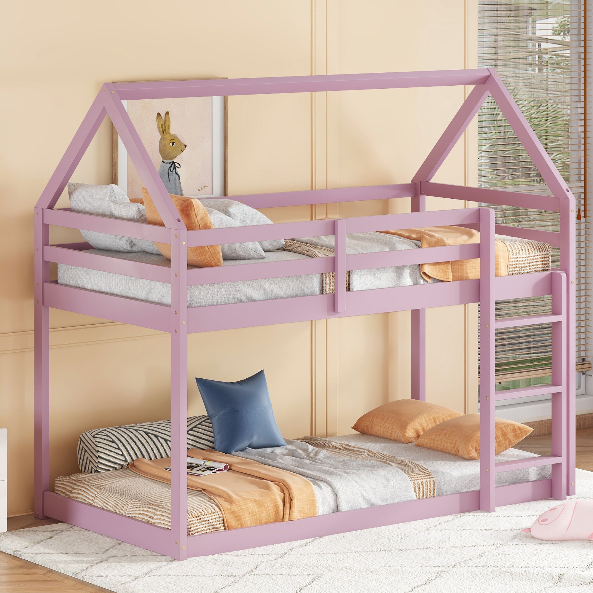 Twin Over Twin Pink House-Shaped Floor Bunk Bed with Ladder and Guardrails