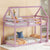 Twin Over Twin Pink House-Shaped Floor Bunk Bed with Ladder and Guardrails