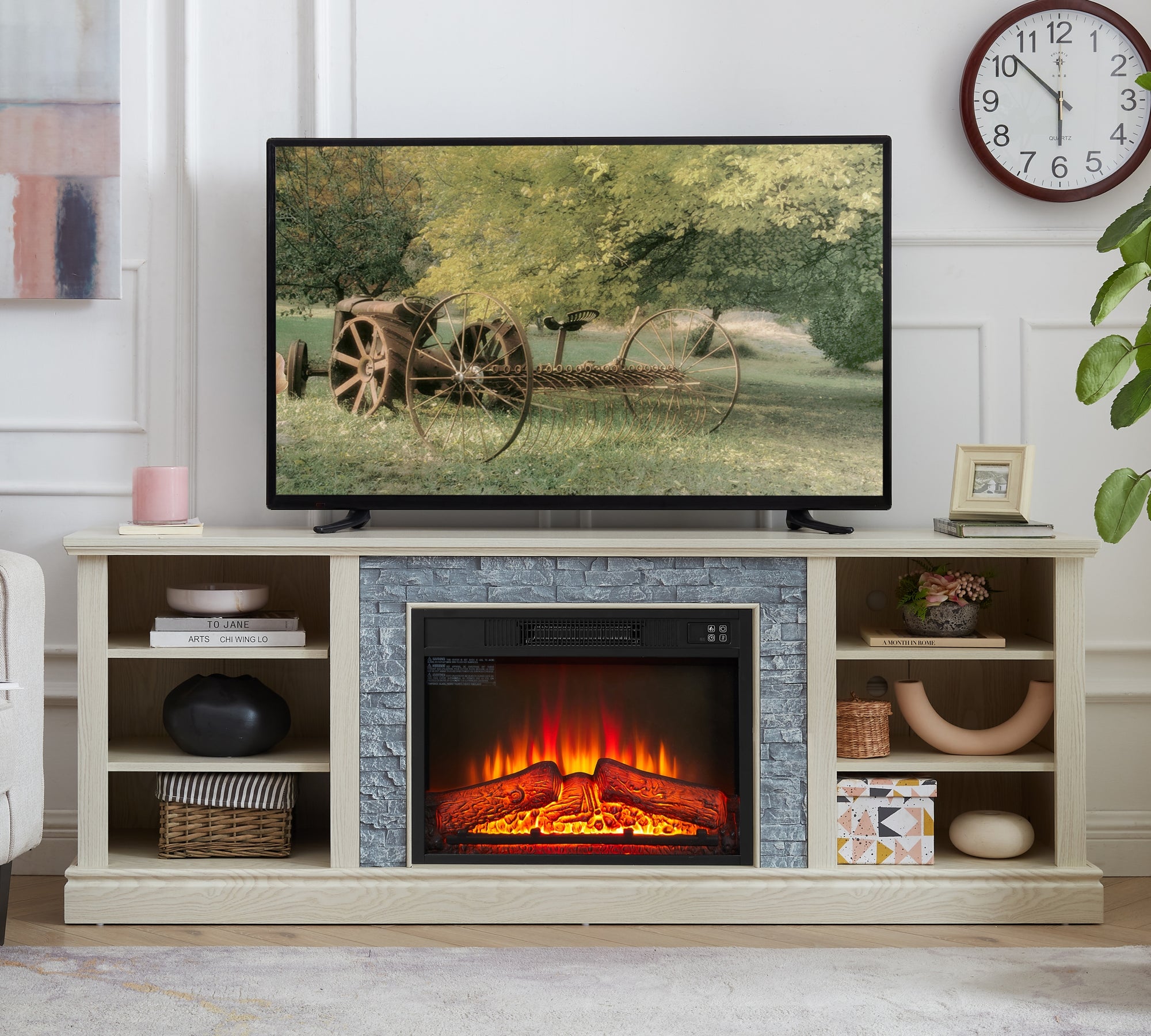 Large Faux Stacked Stone Media Console Table with Fireplace Insert and Ample Storage In White