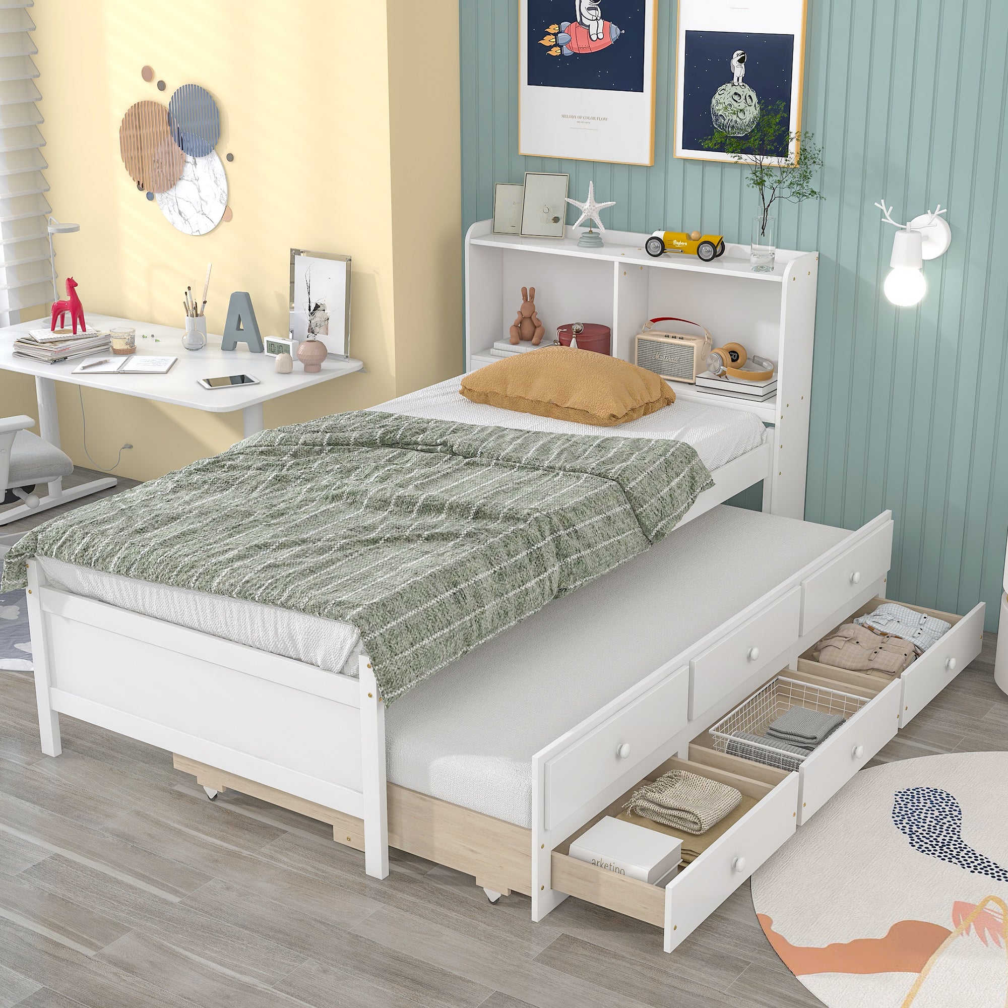 White Twin Bed with Bookcase, Trundle, and Drawers