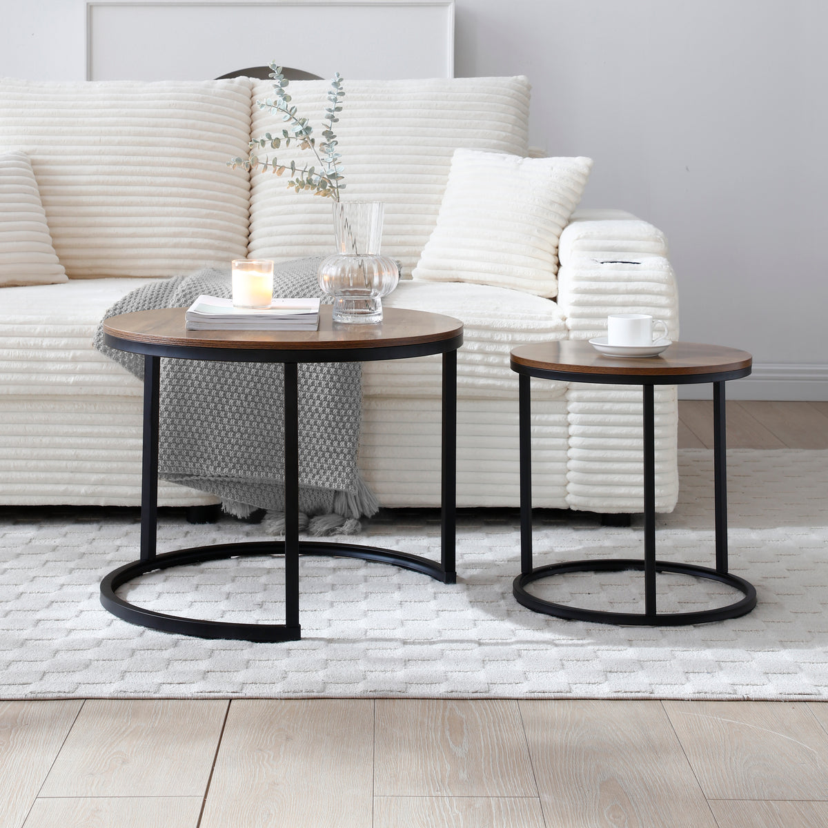 Set of 2 Coffee Table Nesting Round End Table Sturdy Metal Frame Modern Design In Walnut