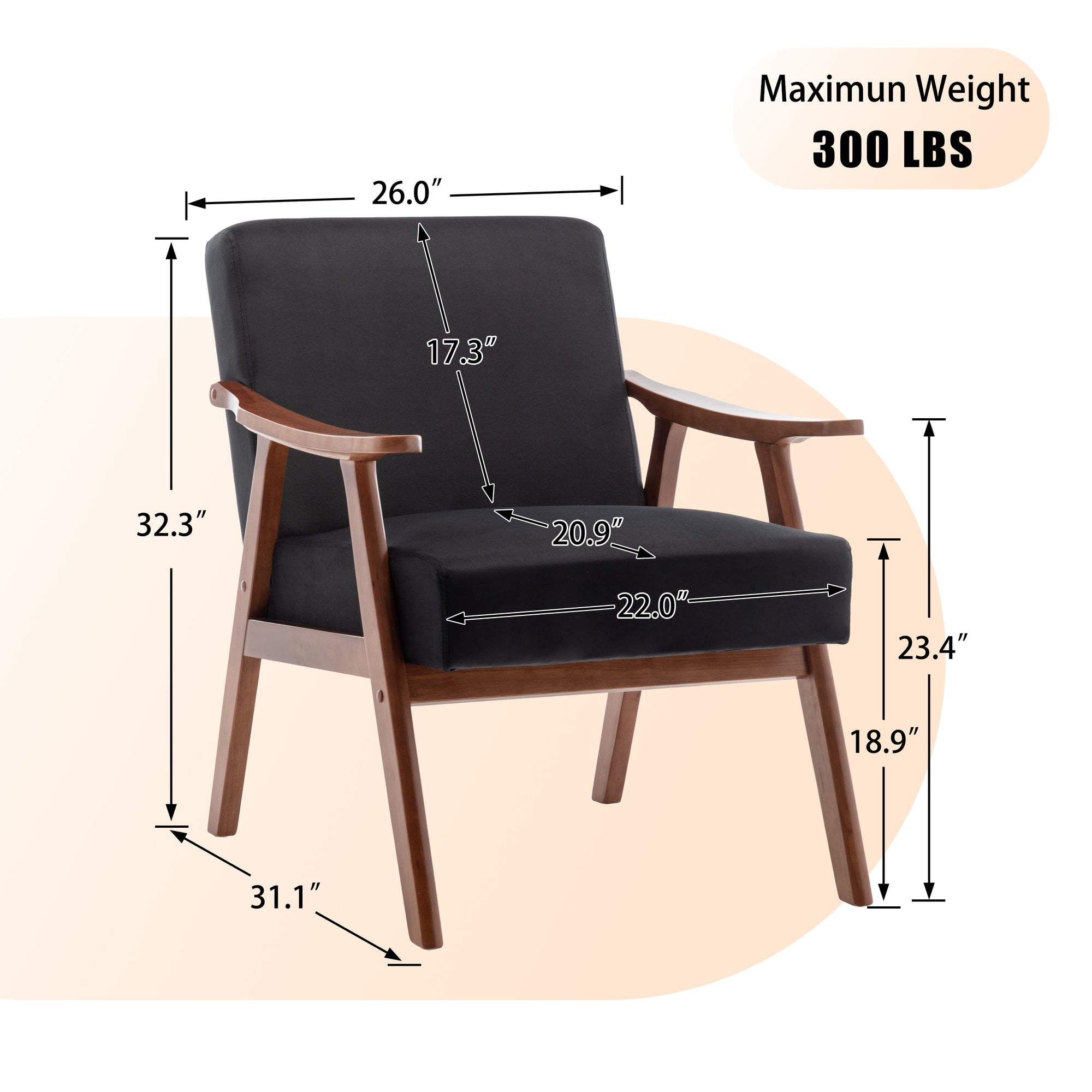 Mid-Century Modern Accent Chair - Solid Wood Frame, Extra-Thick Backrest, Ideal for Living Room, Bedroom, or Reading Room