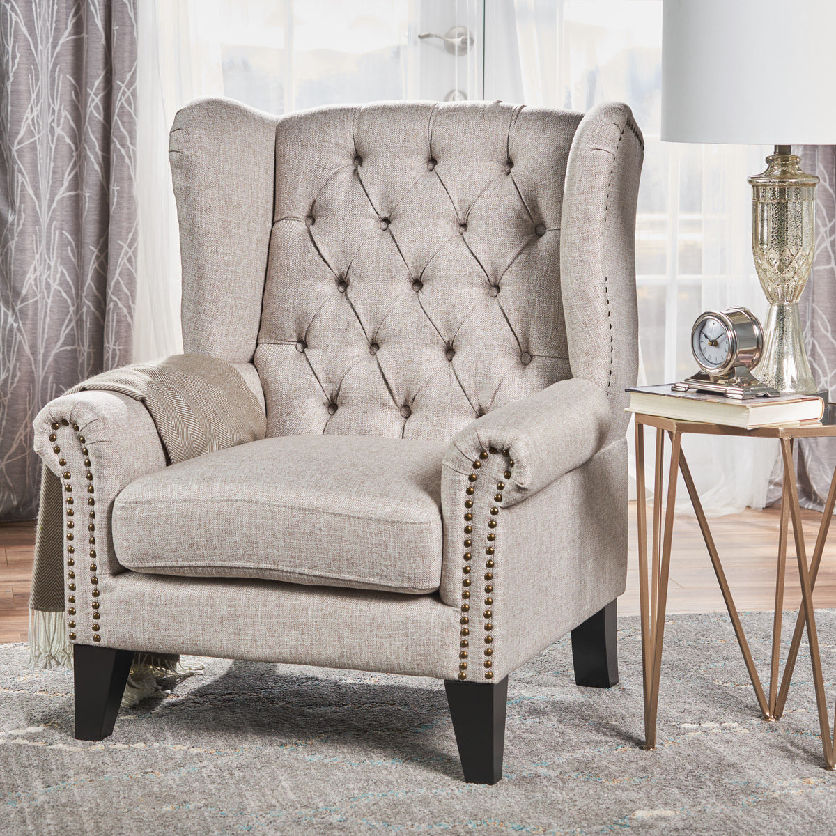 Beige Antique-Inspired Tufted Armchair