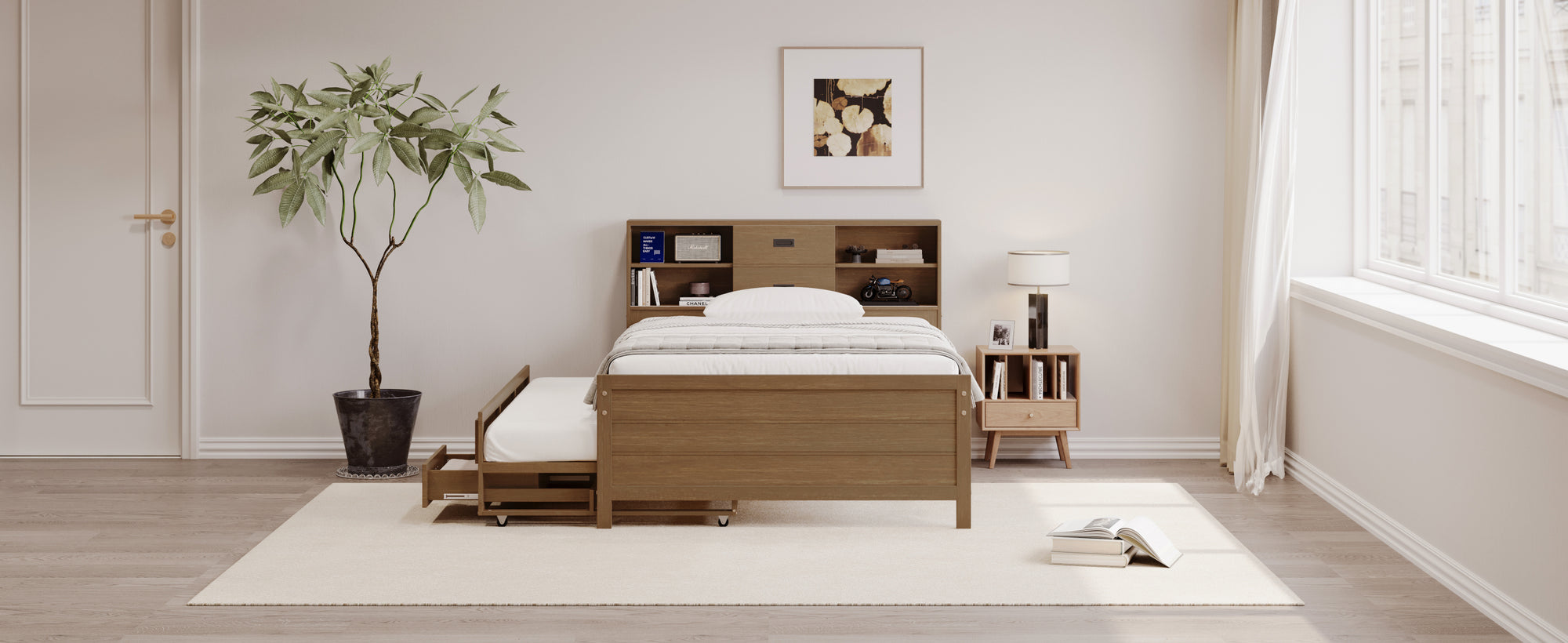 Walnut Twin Platform Bed with Trundle, Drawers & Storage Headboard