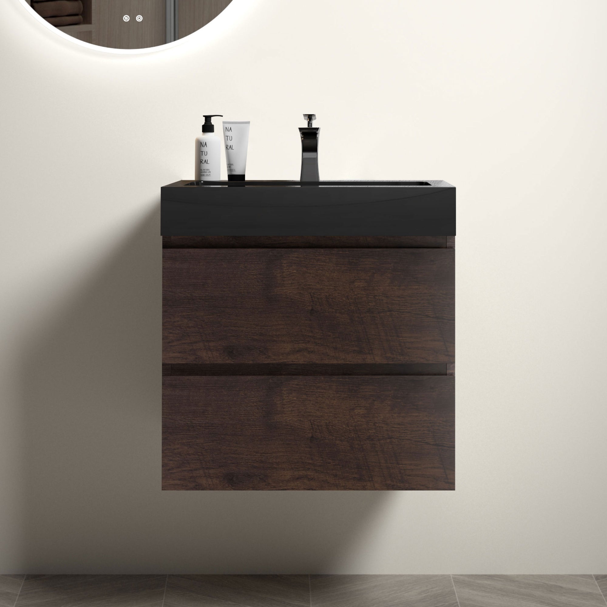 24 Walnut Bathroom Vanity with Sink Large Storage Floating Design One-Piece Black Basin Pre-assembled In Walnut