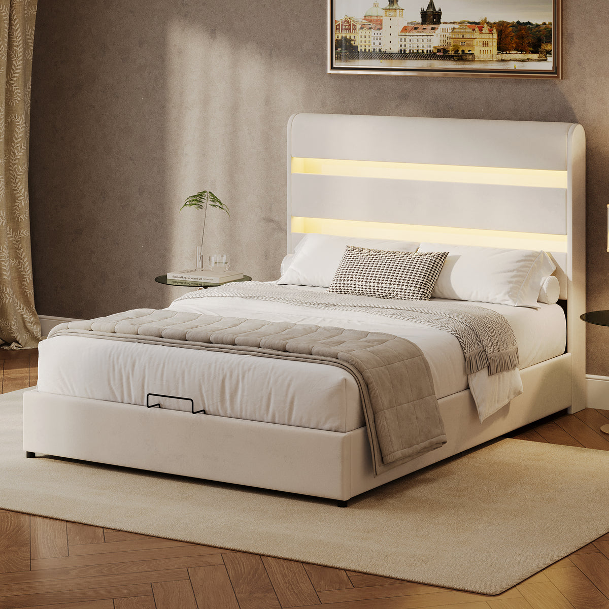 King Size Hydraulic Beige Velvet Upholstered Bed With Storage and LED Lighting