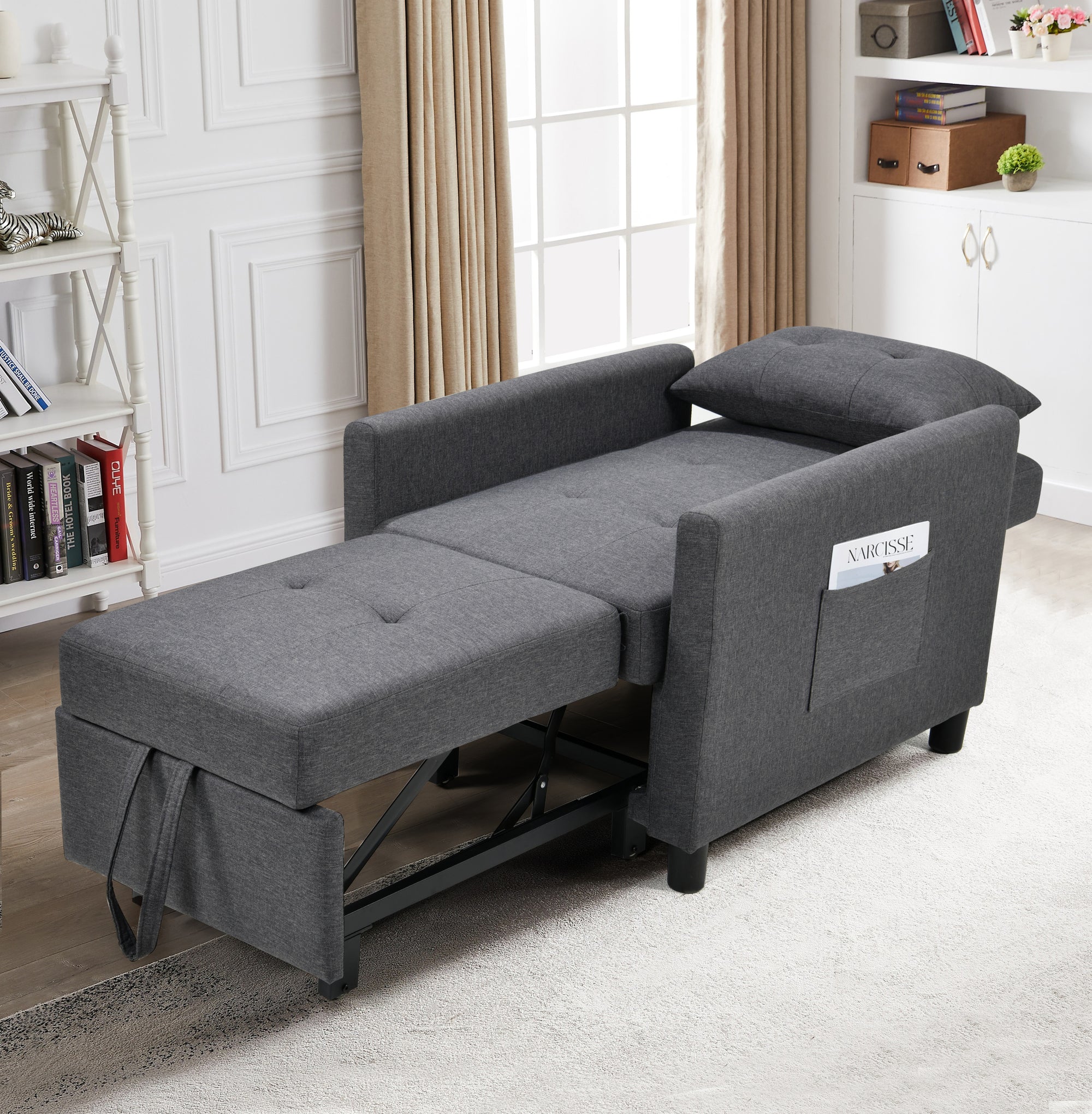 3-in-1 Dark Gray Convertible Futon Sofa Bed with Adjustable Backrest and Lumbar Pillow