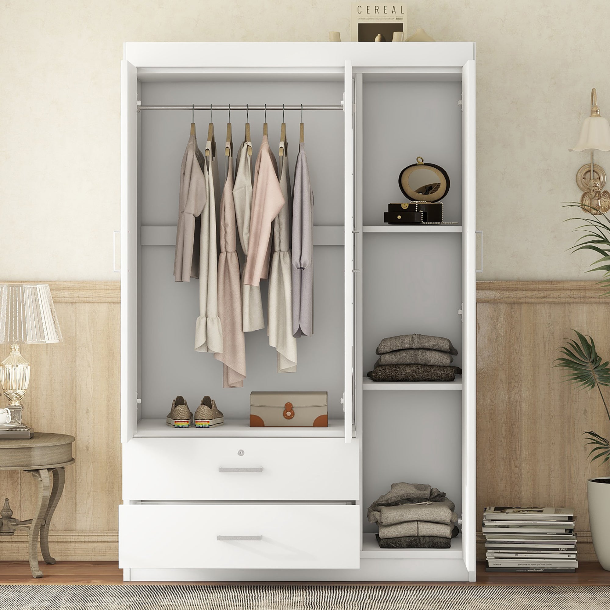 3-Door Mirror Wardrobe with Shelves for Organized Storage In White