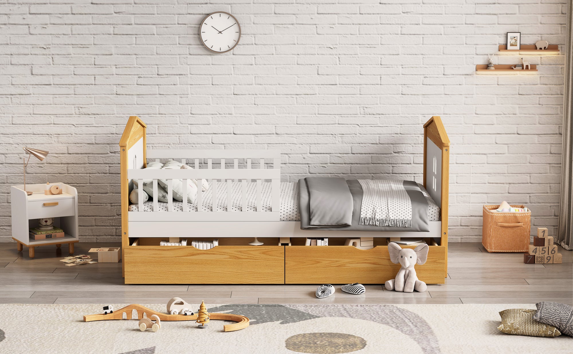 Twin Safety Bed For Toddlers with Fence Guardrails & Storage Drawers