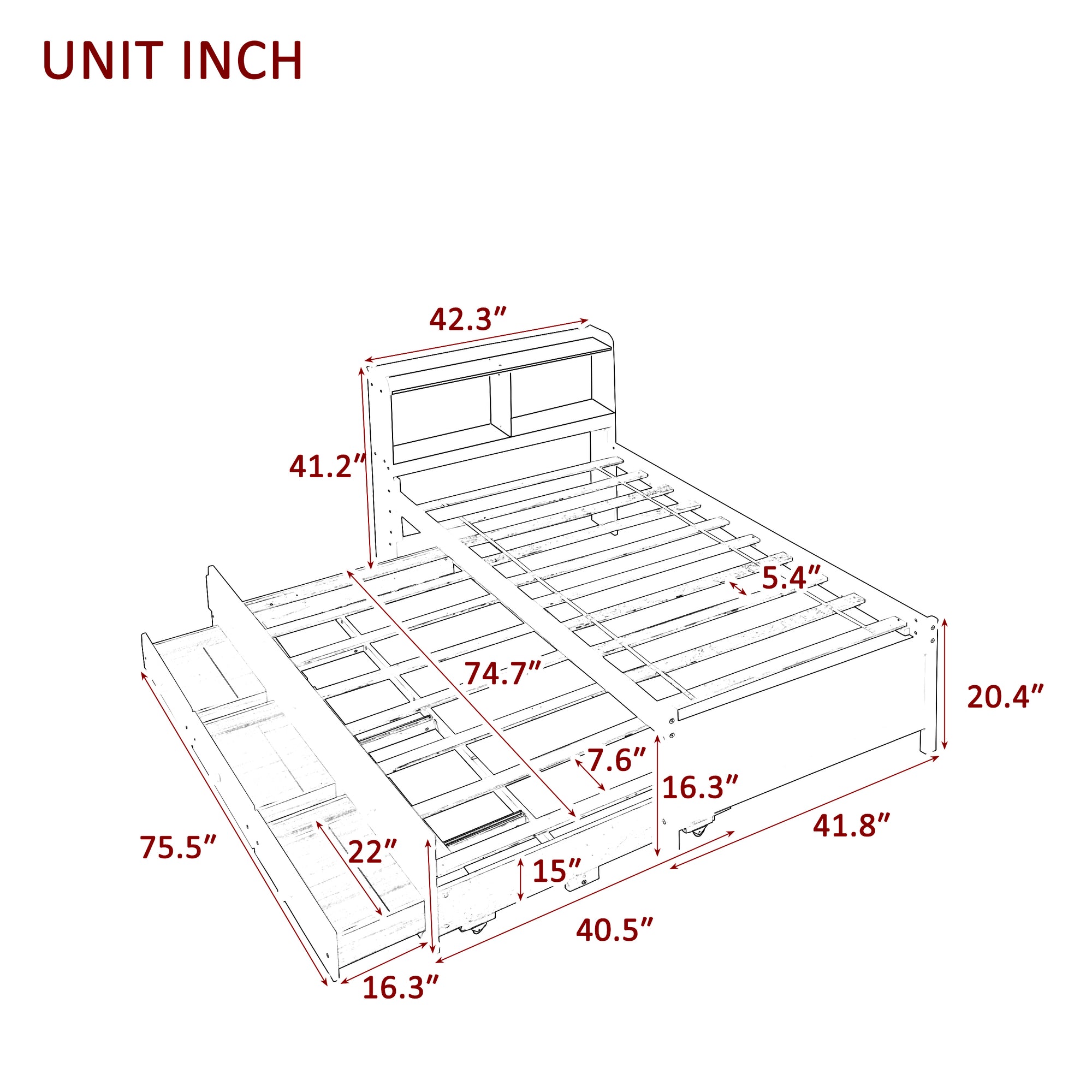 Twin Bed with Bookcase, Trundle, and Storage Drawers in Grey