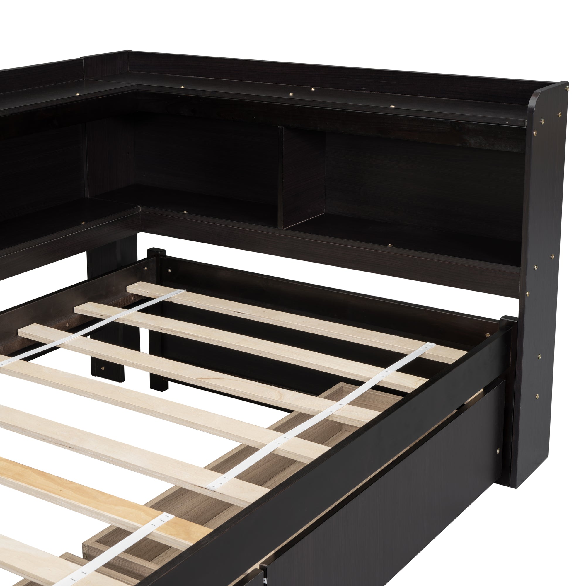 Espresso Tone Twin Bed with L-Shaped Bookcases and Storage Drawers