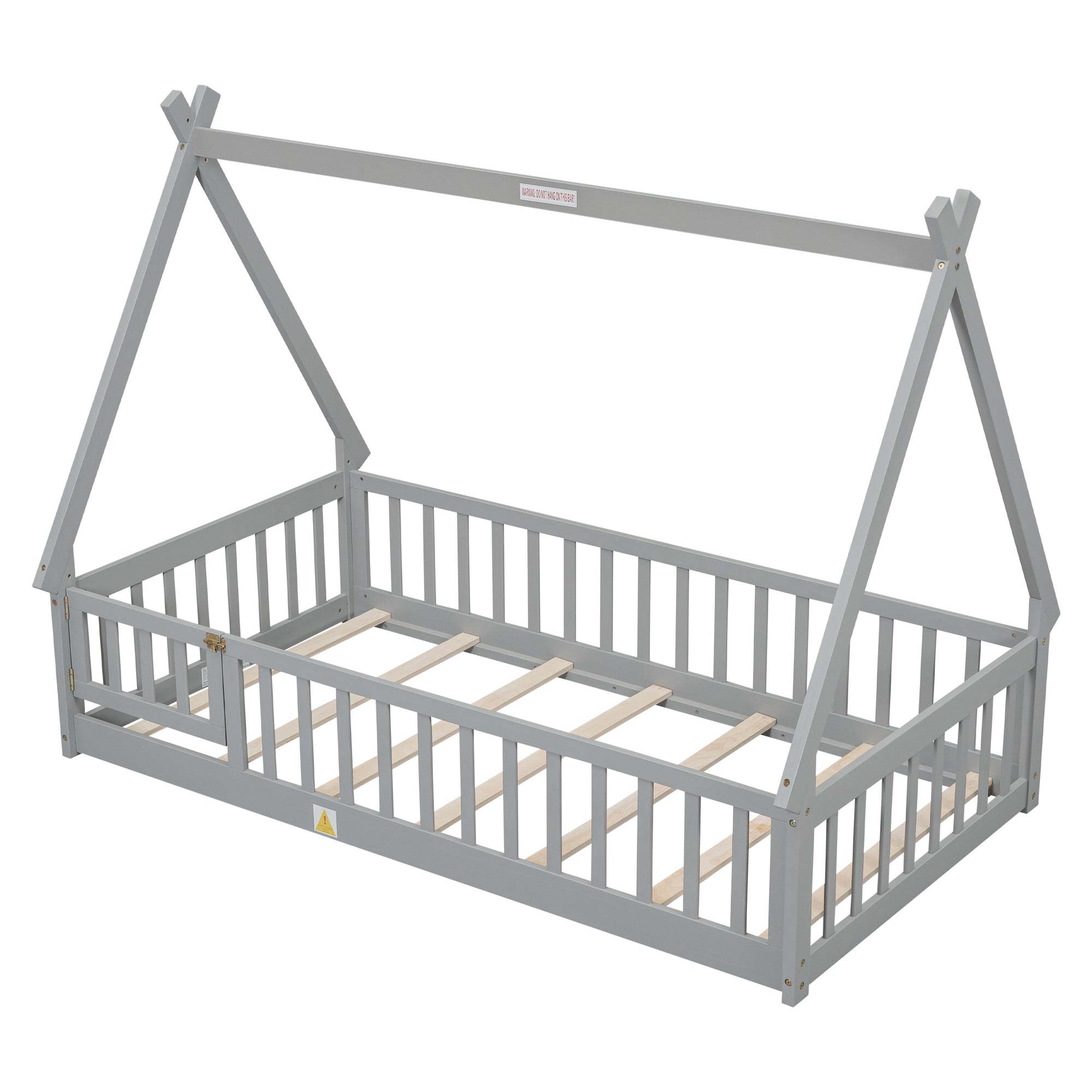 Gray Twin Tent-Shaped Toddler Floor Bed with Guardrails, Slats, and Door