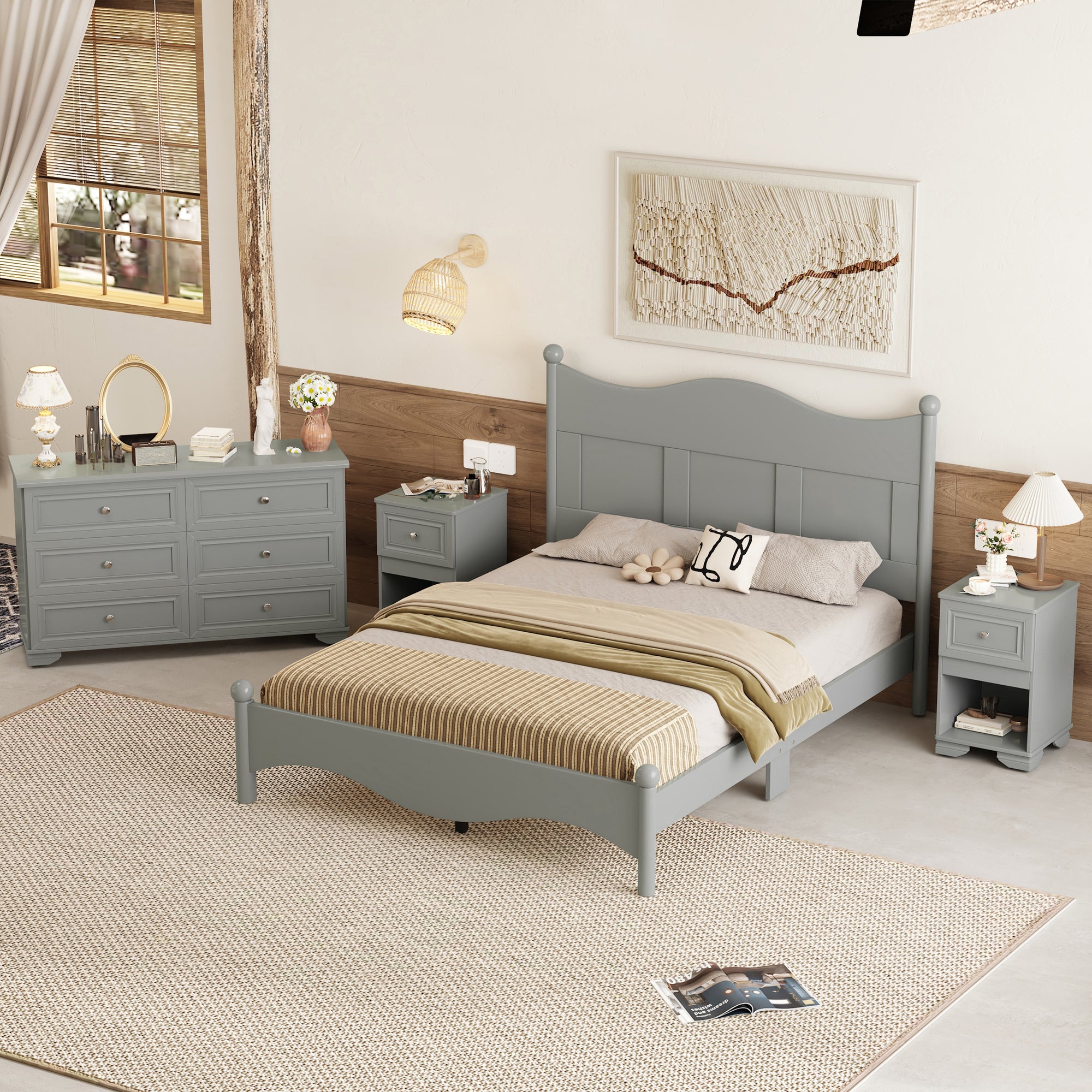 4-Pieces Retro Style Bedroom Set with Queen Platform Bed and Storage Nightstands and Dresser In Gray