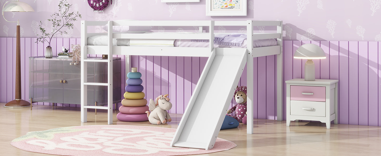 White Twin Low Loft Bed with Slide, Ladder, and Guardrails