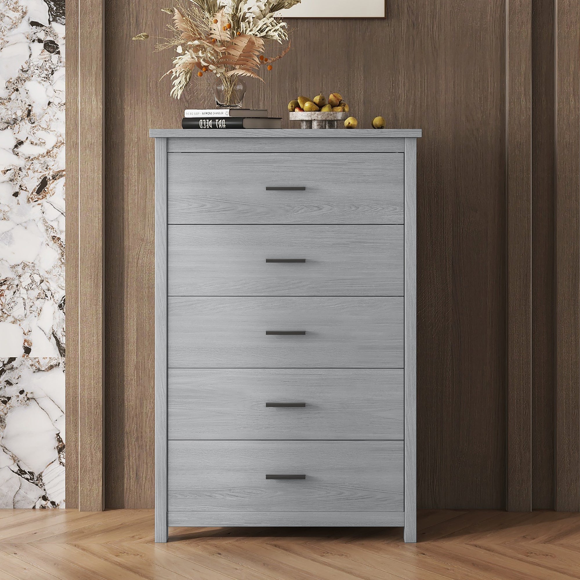 Retro American Country Style Wooden Dresser with 5 Drawers Storage Cabinet for Bedroom In Light Gray