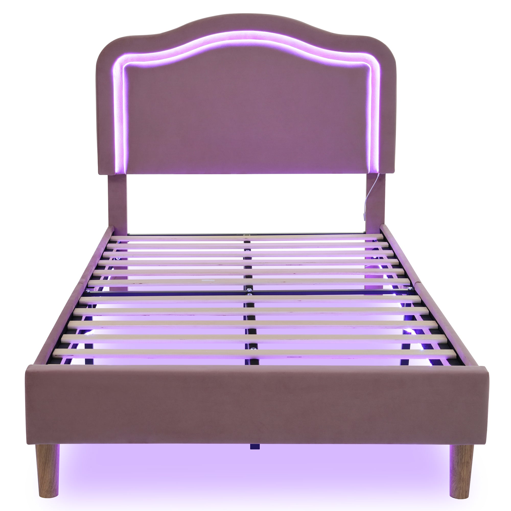 Pink Twin Velvet Upholstered Bed Frame with Adjustable LED Lights