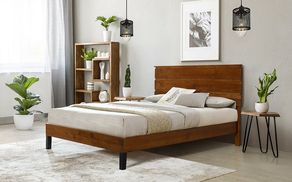 Queen Size Mid-Century Modern Solid Pinewood Bed Frame