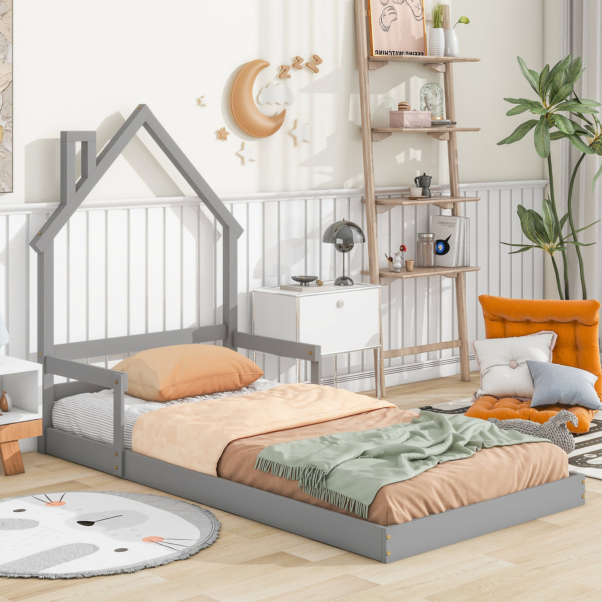 Gray Twin House-Shaped Toddler Floor Bed with Handrails and Slats